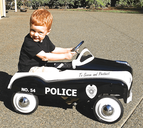 P.S.  While I am careful to not be guilty of encouraging my grandchildren to ride motorcycles, I must confess I bought my grandson the pedal car pictured above.  Note this car answers the classic question from the old TV show, "Car 54, where are you?"