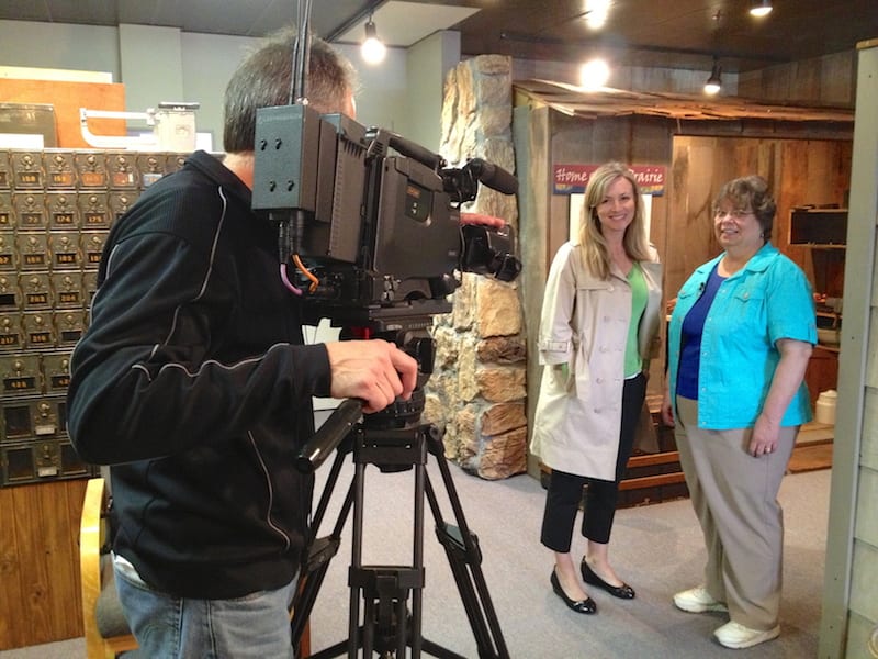 Behind the scenes for filming of Neighborhoods show.  L-R Ed Hauge - Executive Producer & Videographer, Sabrina Register - Producer & Host and Becky Huber, President - Lakewood Historical Society.