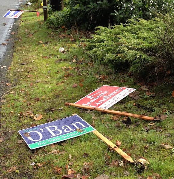 Vandals attack competition signs.