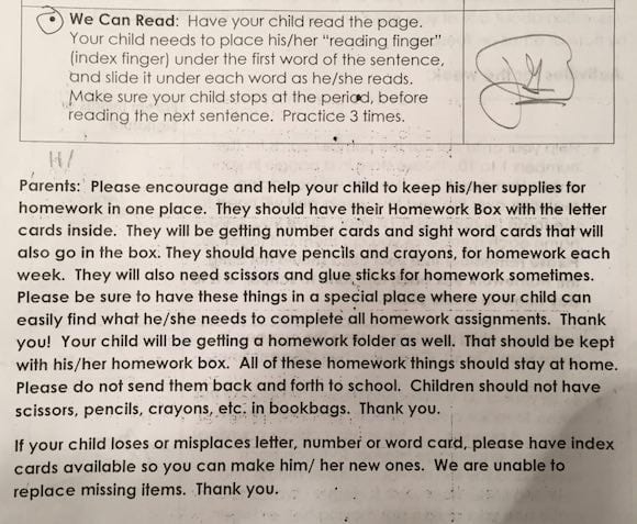 Homework reading Instructions & two paragraphs of material my favorite kindergartner read 3 times. You can see 3 hash marks above the word Parents that indicate the number of times read.