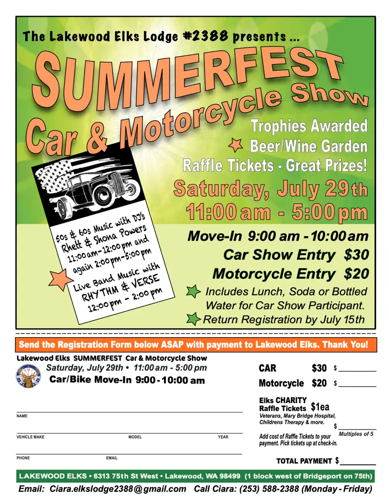 Lakewood Elks 2023 Summerfest Car & Motorcycle Show, Saturday, July 29.